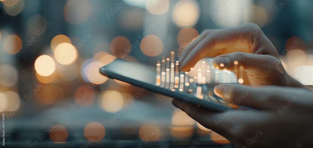 Poster Business people use tablets and laptops to analyze financial data, with business growth graphs and charts displaying rising arrows on a virtual screen, set against hologram technology backgrounds.