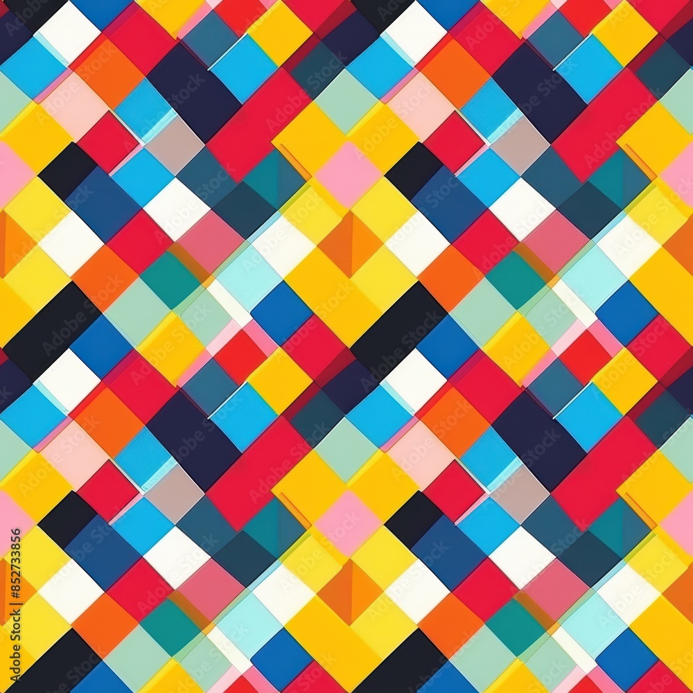Poster This image features a seamless pattern of colorful overlapping squares in various shades of red, yellow, blue, pink, and black. The squares are arranged in a diagonal grid pattern, creating a visually