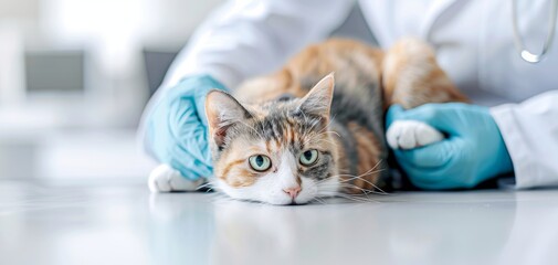 The doctor, wearing gloves, plays with an adorable calico cat lying on the table, while another person holds it from behind, showcasing a moment of affection and care.