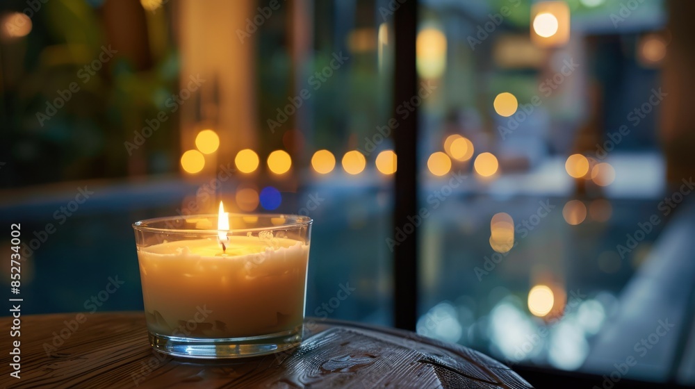 Aufkleber A close-up shot of a lit candle in a glass jar on a wooden table. The candle flame is visible and the wax is melting. The background is blurry with a view of a pool through a window. The time of day i