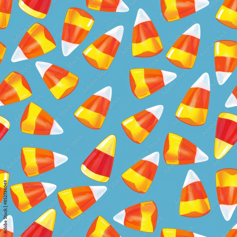 Poster a seamless pattern of colorful candy corn on a light blue background. the candy corn is arranged in 