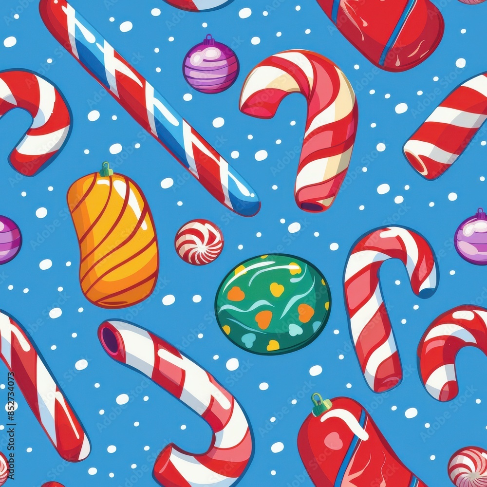 Poster this image features a repeating pattern of candy canes, ornaments, and other christmas-themed treats