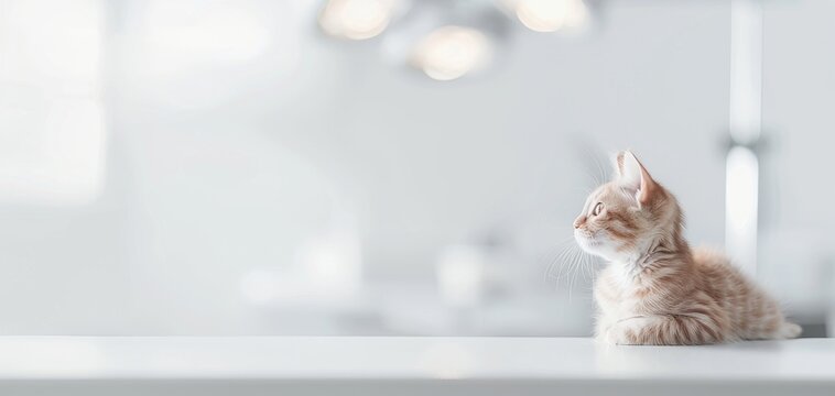 The clinic background with medical equipment and lights sets the stage for a doctor grooming an anthropomorphic calico cat on a white table, emphasizing a professional and caring atmosphere.