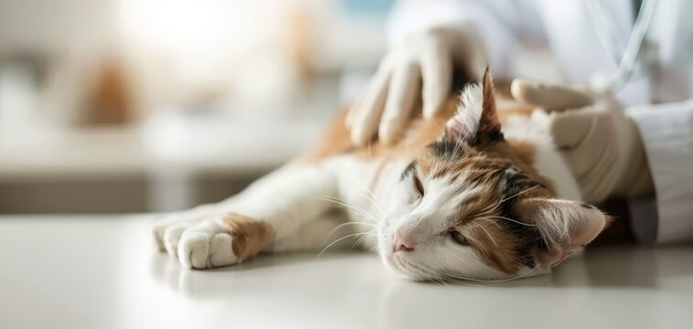 This scene features a doctor wearing gloves, playing with an adorable calico cat lying on the table, as another person holds the cat from behind, highlighting a moment of interaction and care.