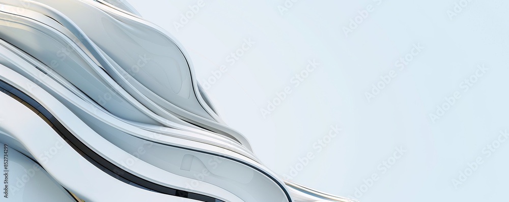 Poster An abstract futuristic background is depicted in this 3D render, featuring empty space, a blue sky, and futuristic white architecture with round arches and curved lines.