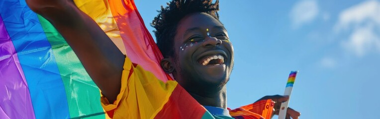 A man is holding a rainbow flag and smiling. The flag is colorful and vibrant, representing the spirit of the LGBTQ community. The man's smile and the flag's colors convey a sense of joy, pride