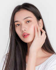 Beautiful young woman with radiant fresh skin on white background, Face care, Facial treatment, Cosmetology, beauty and spa.