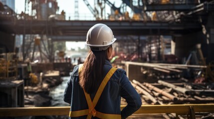 Fototapeta premium Photograph of a female engineer inspecting a bridge under construction