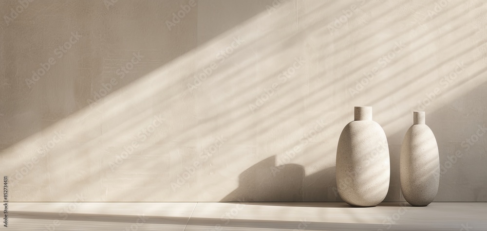 Aufkleber Two light stone shapes form a sculpture on a table, with window shadows from outside casting on the wall, creating a minimalistic background in sepia tones and neutral colors.