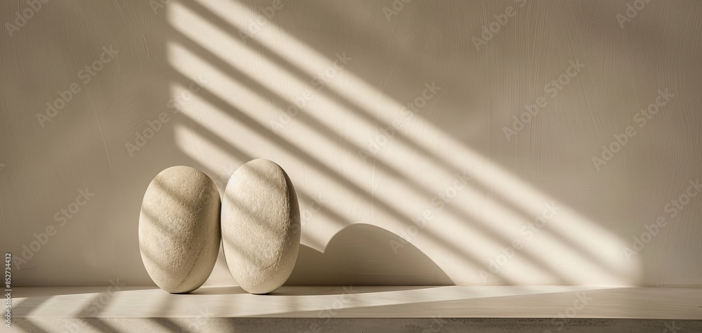 Poster A minimalistic background with a sculpture of two light stone shapes on a table, highlighted by window shadows on the wall and depicted in sepia tones and neutral colors.