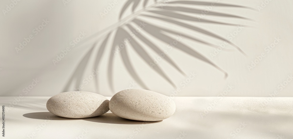 Poster this scene features a light stone sculpture of two shapes on a table, with window shadows on the wal