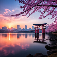 Panorama Tokyo pod pastelowym wschodem słońca