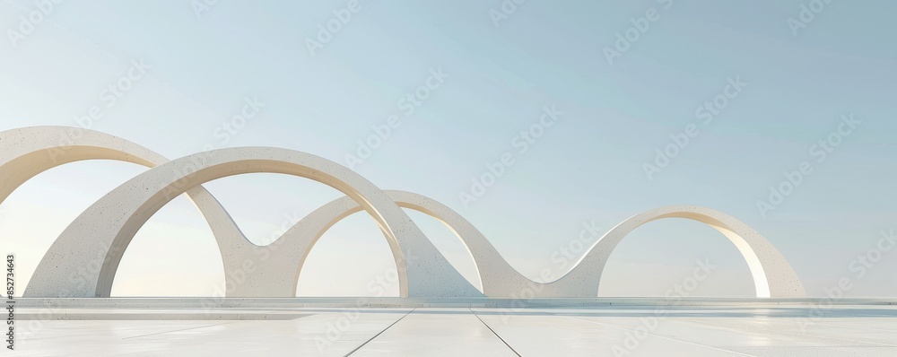 Leinwandbilder Featuring empty space and a blue sky, this 3D render of an abstract background includes futuristic round architecture with curved lines, emphasizing a minimal scene.