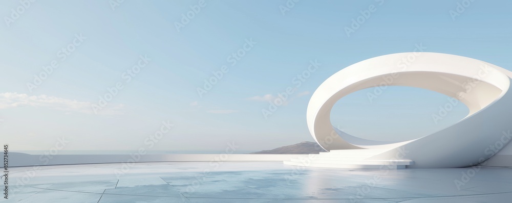 Leinwandbilder This 3D render showcases an abstract background with empty space and a blue sky, featuring futuristic round architecture and curved lines to create a minimal scene.