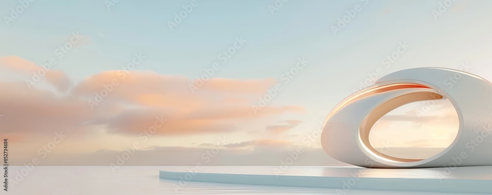 Aufkleber A 3D render of an abstract background featuring empty space and a blue sky, complemented by futuristic round architecture with curved lines, creating a minimal and modern scene.