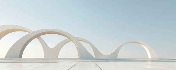 Featuring empty space and a blue sky, this 3D render of an abstract background includes futuristic round architecture with curved lines, emphasizing a minimal scene.