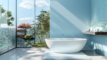 Serene light blue bathroom featuring mosaic tiles, a freestanding white bathtub, a zen garden, and floor-to-ceiling windows with sky views, 3D ing,