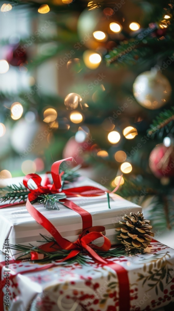 Poster two christmas presents wrapped in festive paper and tied with red ribbons sit under a decorated chri