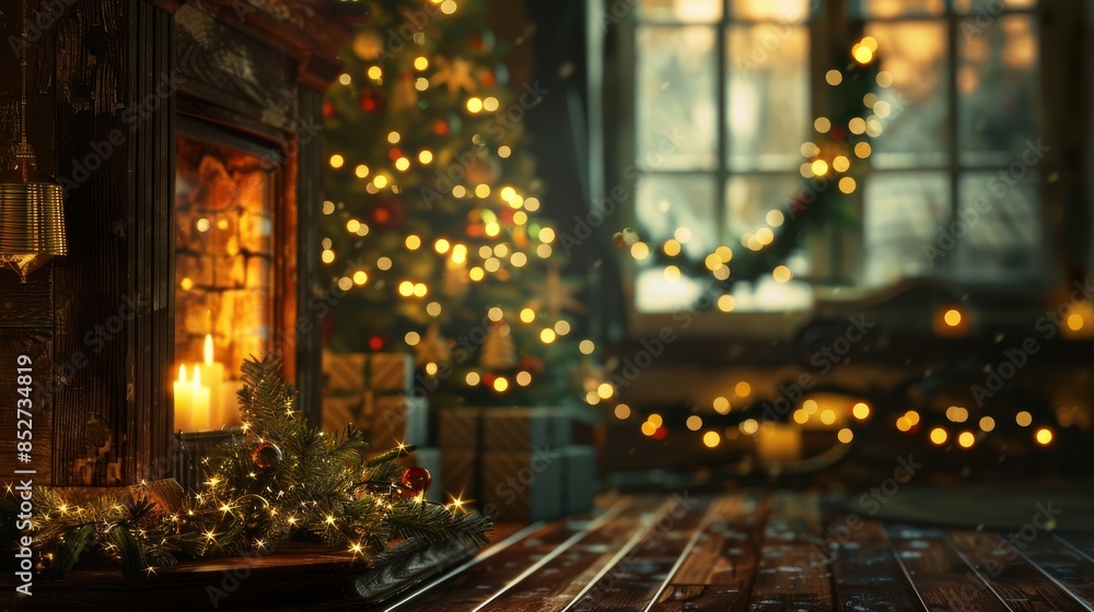 Poster a cozy christmas scene with a fireplace glowing warmly. the decorated tree, with twinkling lights, i