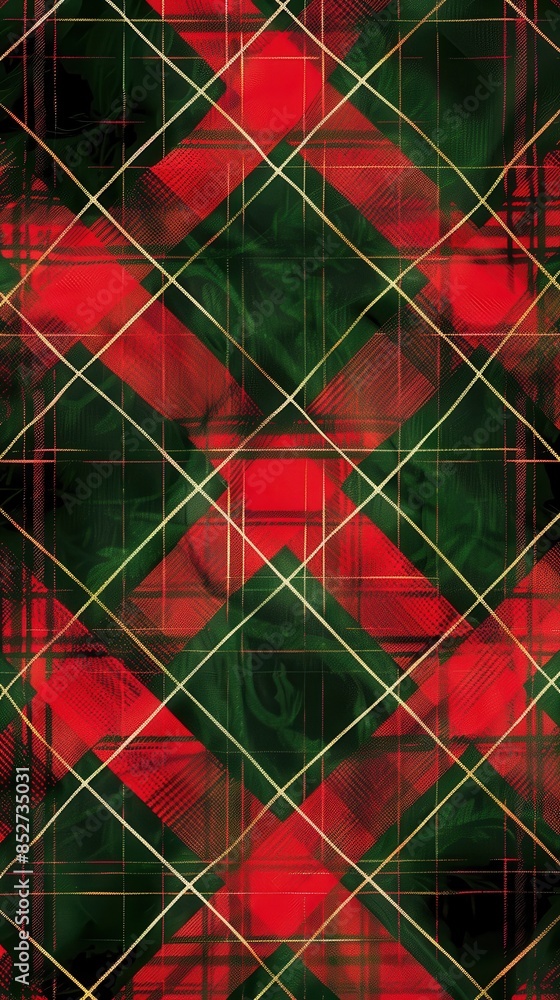 Poster This is a digital illustration of a red and green plaid pattern with gold lines. The pattern is made up of squares that are arranged in a diagonal pattern. The squares are red and green, and the lines