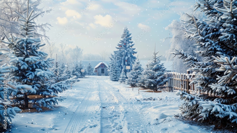 Poster a snowy path leads through a winter forest, past a small cabin and a line of snow-covered evergreen 