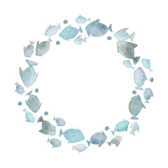 Round frame with a school of fish. Simple stylized watercolor illustration. A flock of the underwater world of the ocean and sea. Hand drawn isolated art. Blue wreath. Animals for logo or packaging