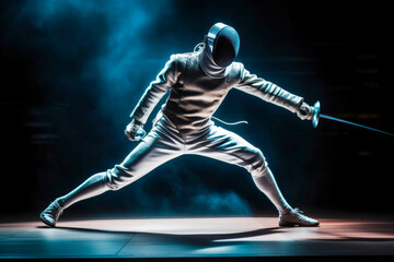 Stock minimalist photography of a fencer in full gear fighting in an arena under bright sports lighting