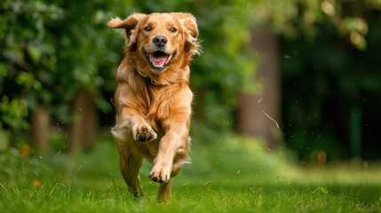 A dog is running in a grassy field. The dog is brown and he is happy