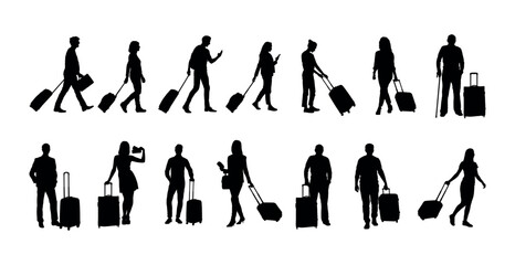 Fototapeta premium Silhouette set of couple travel with suitcases various poses. People walking with luggage side view silhouettes set collection. 