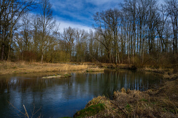 Hiking_Danube mouth of the Isar in Spring. Bavaria, Germany,