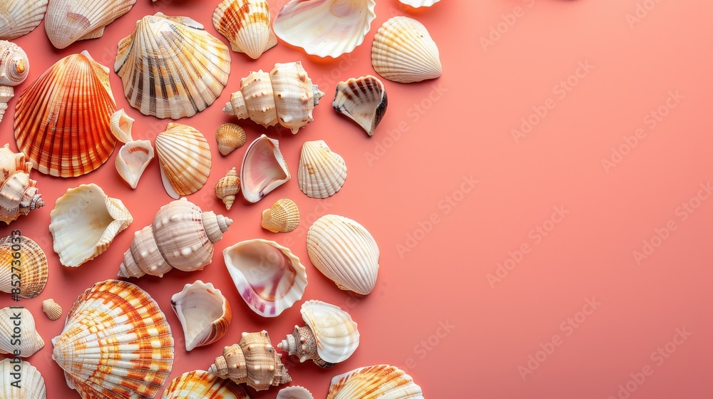 Poster A flat lay image of various seashells arranged on a coral pink background. The shells are of different sizes, shapes, and colors, creating a visually appealing and textural display. The image is captu