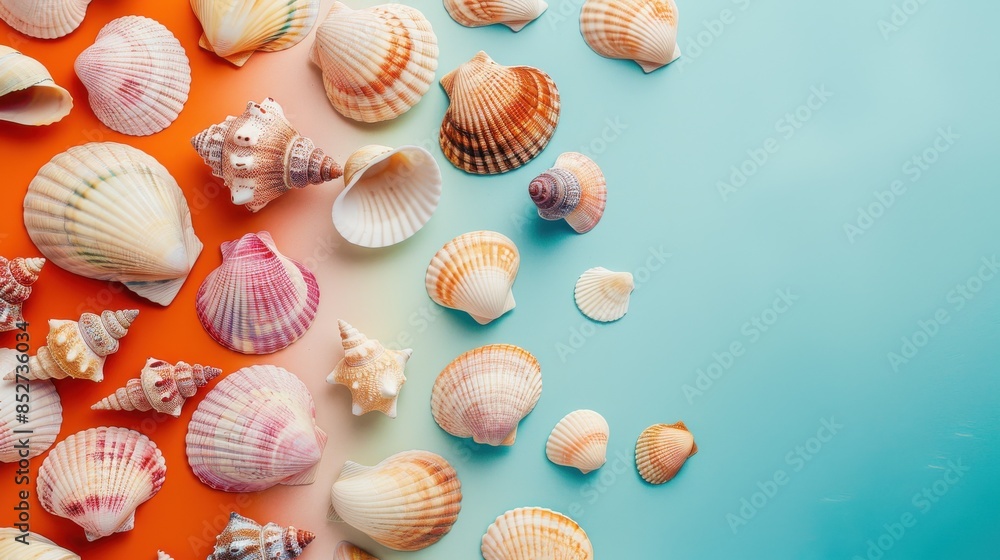 Poster An overhead view of a collection of seashells arranged on a gradient background that transitions from orange to blue. The shells are of various shapes and sizes, with some having bright, colorful patt