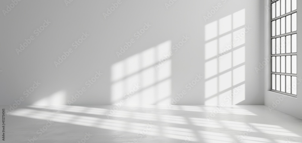 Poster Featuring window shadows on a white wall, this 3D rendering creates a background perfect for product presentation or mockup templates, highlighting the interplay of light and shadow.