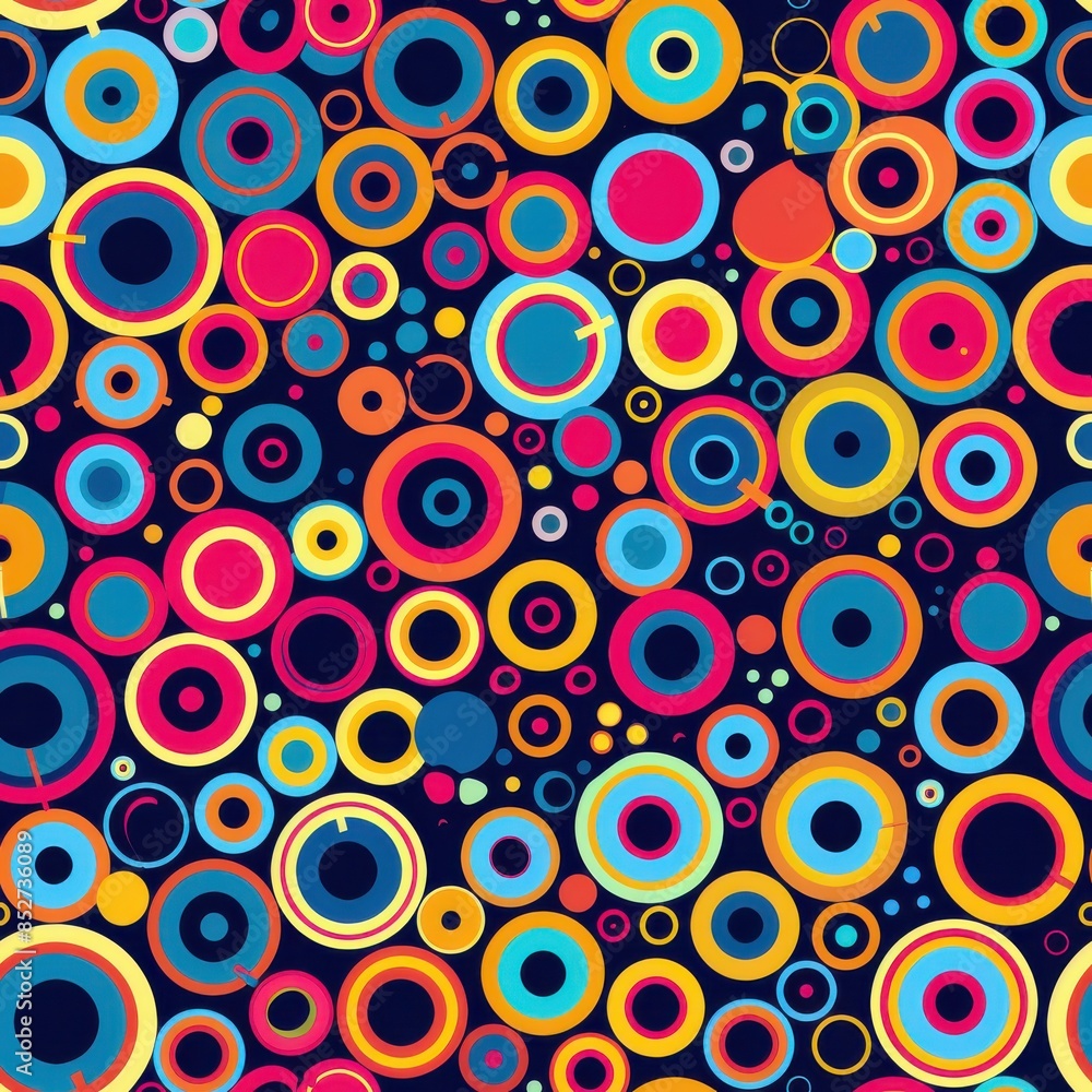 Aufkleber This image features a seamless pattern of colorful circles arranged on a dark background. The circles are various sizes and have concentric rings of different colors, creating a vibrant and energetic 