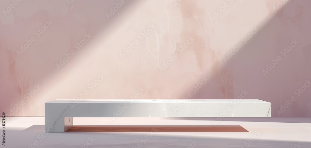 Aufkleber Featuring a light pink wall and window shadows, this modern minimal abstract background includes an empty tabletop for use in product display presentation mockup designs.