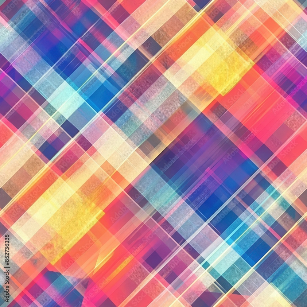 Poster this image features a vibrant, abstract pattern of intersecting diagonal lines creating a plaid effe
