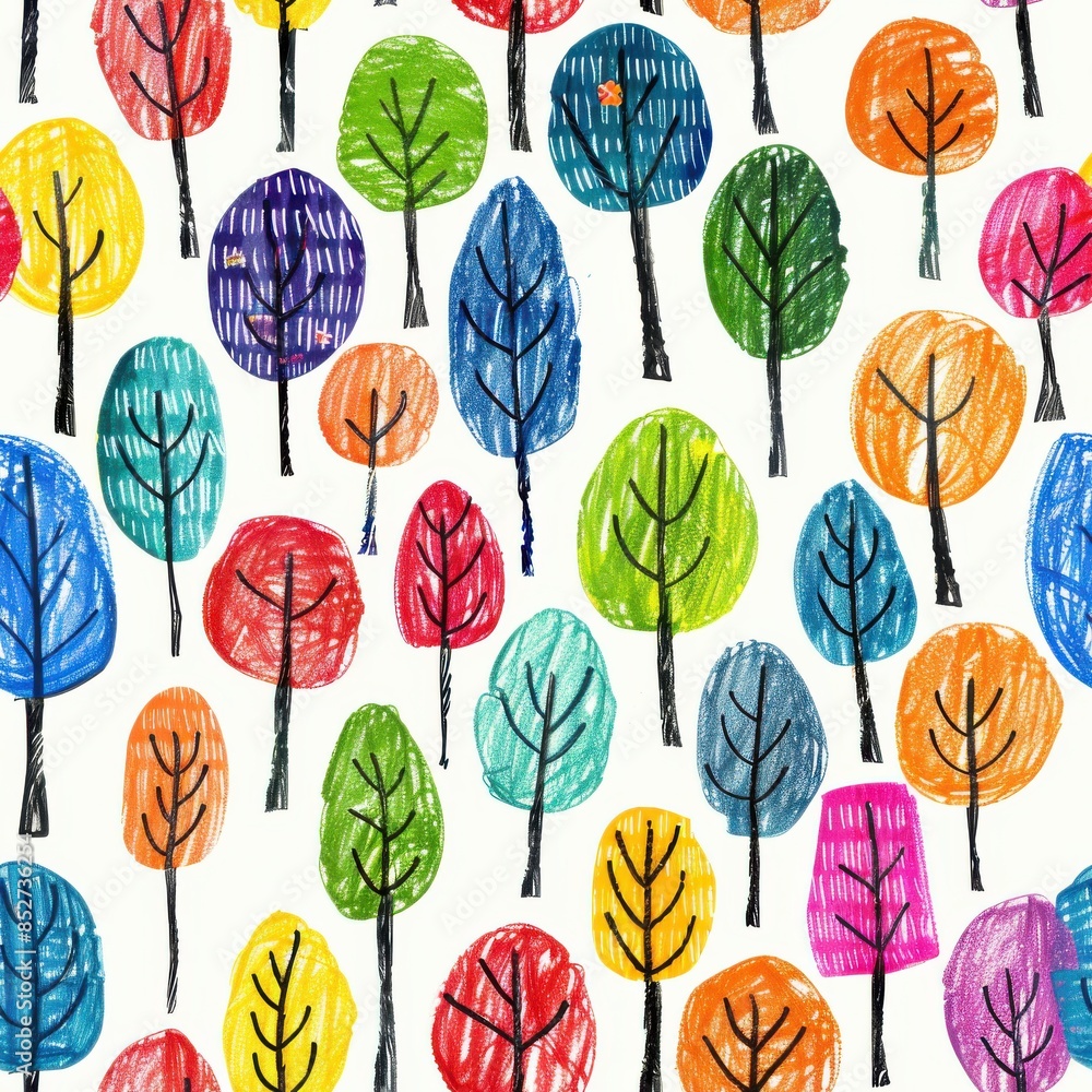 Poster This image is a colorful crayon drawing of a forest with simple trees. The trees are all different colors, and they are drawn in a simple, childlike style. The background is white, and the trees are a