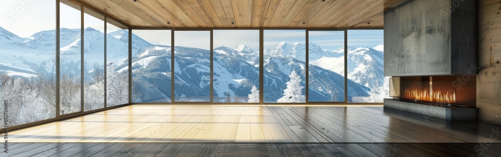 Poster a large, empty room with a fireplace and a view of mountains. the room is very spacious and has a mo