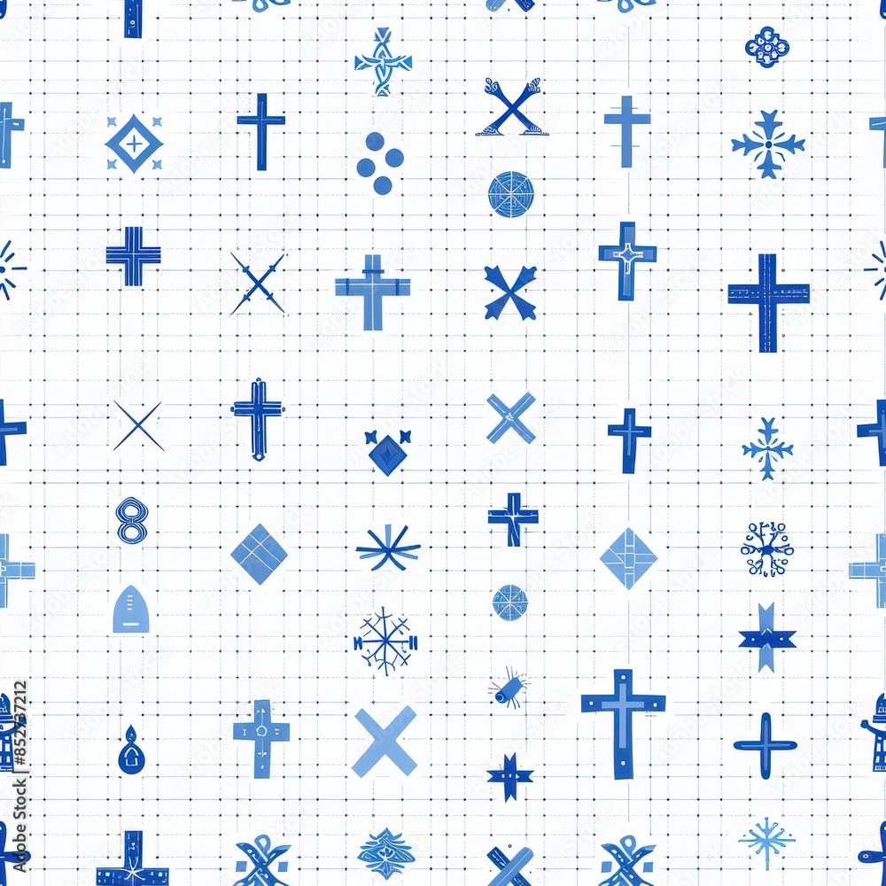 Aufkleber A seamless pattern featuring various blue cross shapes and other geometric symbols on a white background with a subtle grid overlay. The crosses are all stylized and unique, each with its own distinct