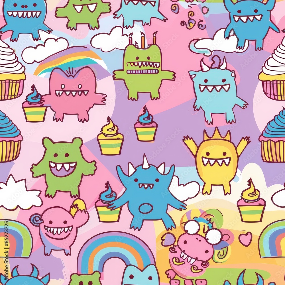 Poster this image is a colorful cartoon pattern featuring various cute monsters and cupcakes. its a fun and