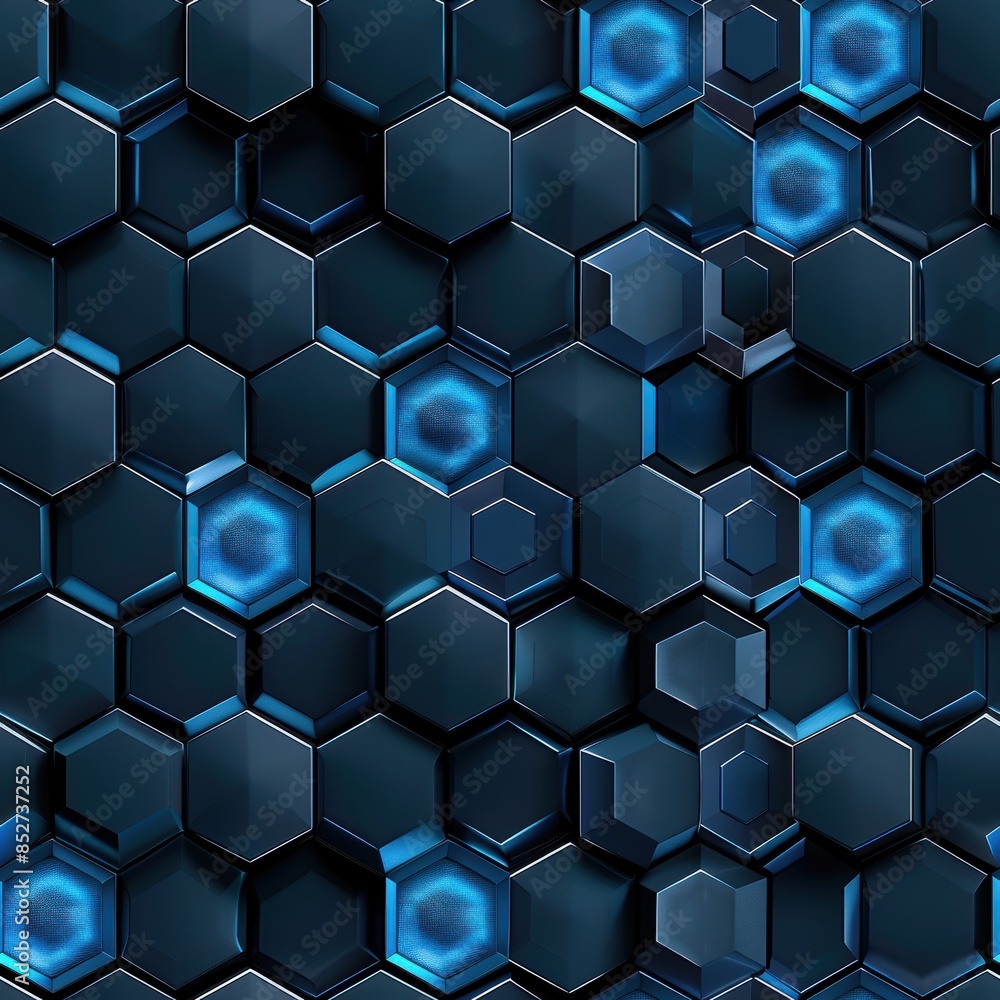 Poster a seamless pattern of dark blue, metallic hexagons, with each hexagon featuring a central, glowing b