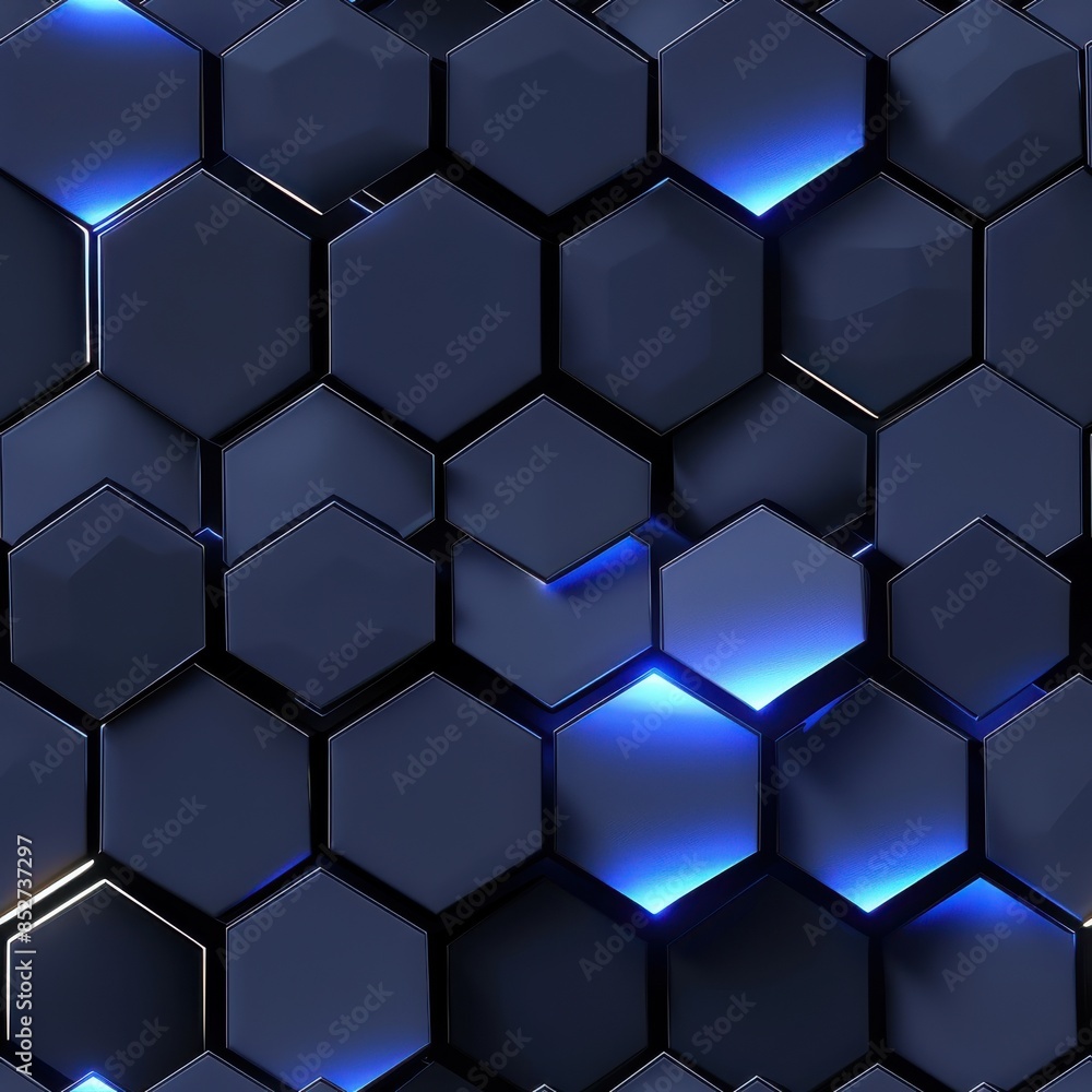 Fototapete a close-up image of a repeating hexagonal pattern with blue illuminated edges. the pattern is render