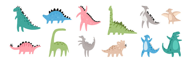 Fototapeta premium Cute Jurassic dinosaur set. Vector illustration of Stegosaurus, Brontosaurus, Velociraptor, Triceratops, Tyrannosaurus rex and Pterosaurs.