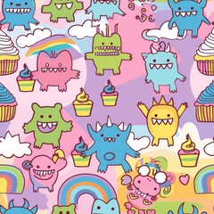 This image is a colorful cartoon pattern featuring various cute monsters and cupcakes. Its a fun and whimsical design perfect for childrens clothing, fabric, or home decor. The pattern features bright