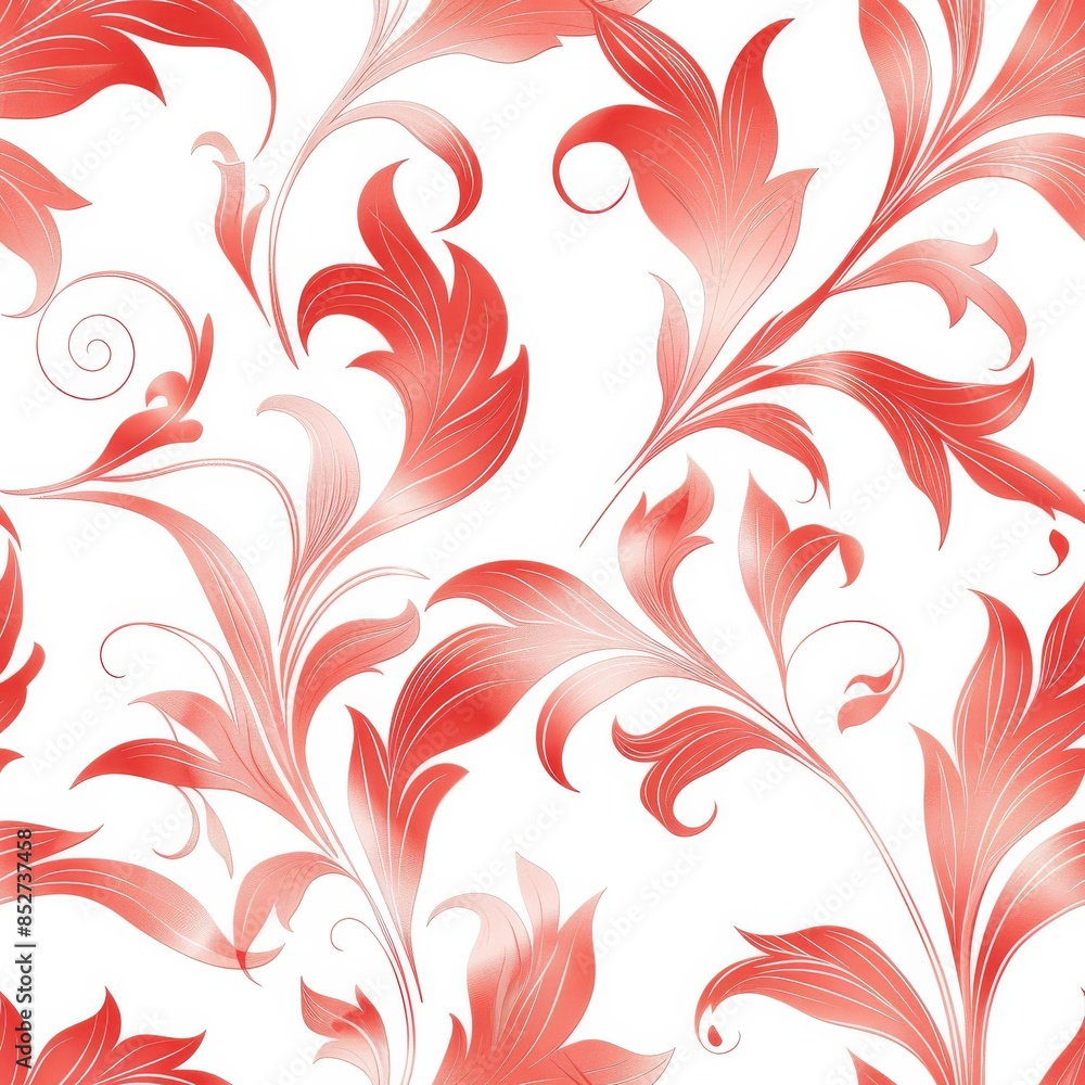 Poster this image features a seamless pattern of red watercolor flowers and leaves on a white background. t