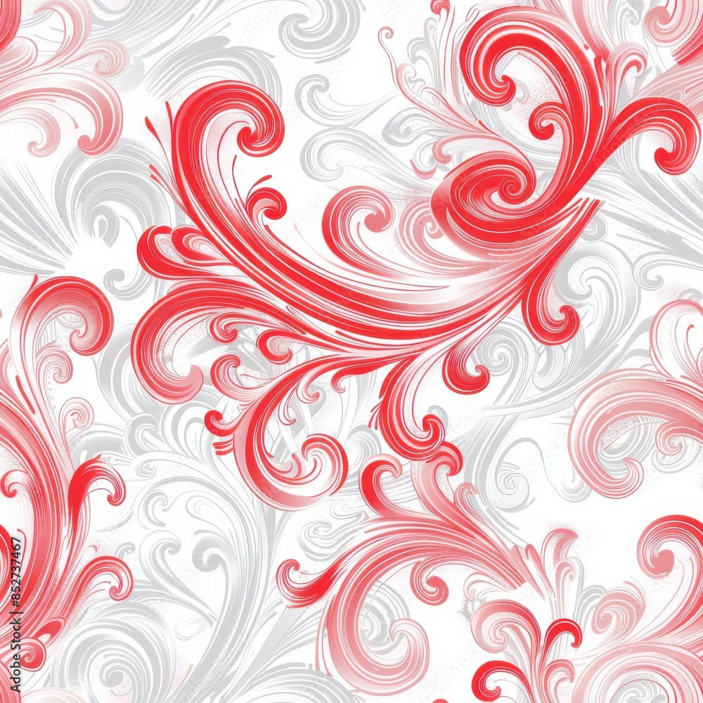 Aufkleber This digital illustration depicts a seamless pattern of red and gray swirling floral shapes on a white background. The design is intricate and elegant, with the swirls and curls creating a sense of mo