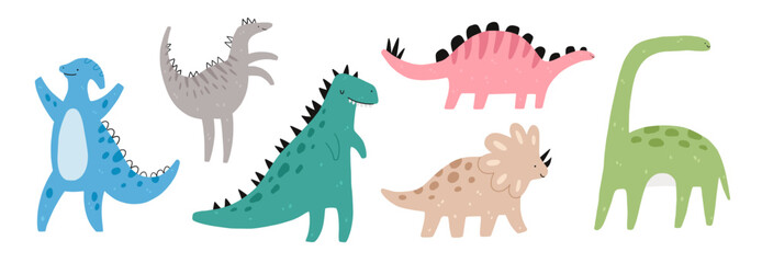 Cute Jurassic dinosaur set. Vector illustration of Stegosaurus, Brontosaurus, Velociraptor, Triceratops, Tyrannosaurus rex and Pterosaurs. © Oleksandra Bezverkha