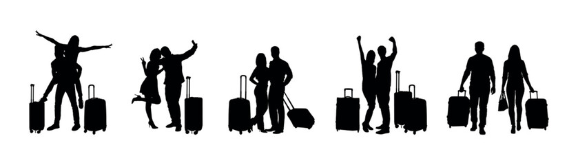 Silhouette set of tourists couple travellers with luggage. Couple traveling with their suitcases black silhouette.