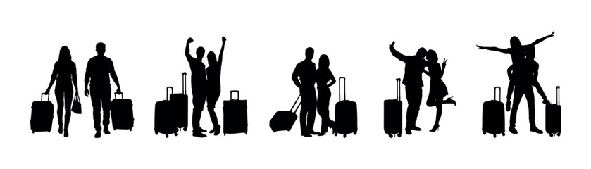 Silhouette set of couple travellers with luggage various poses set.