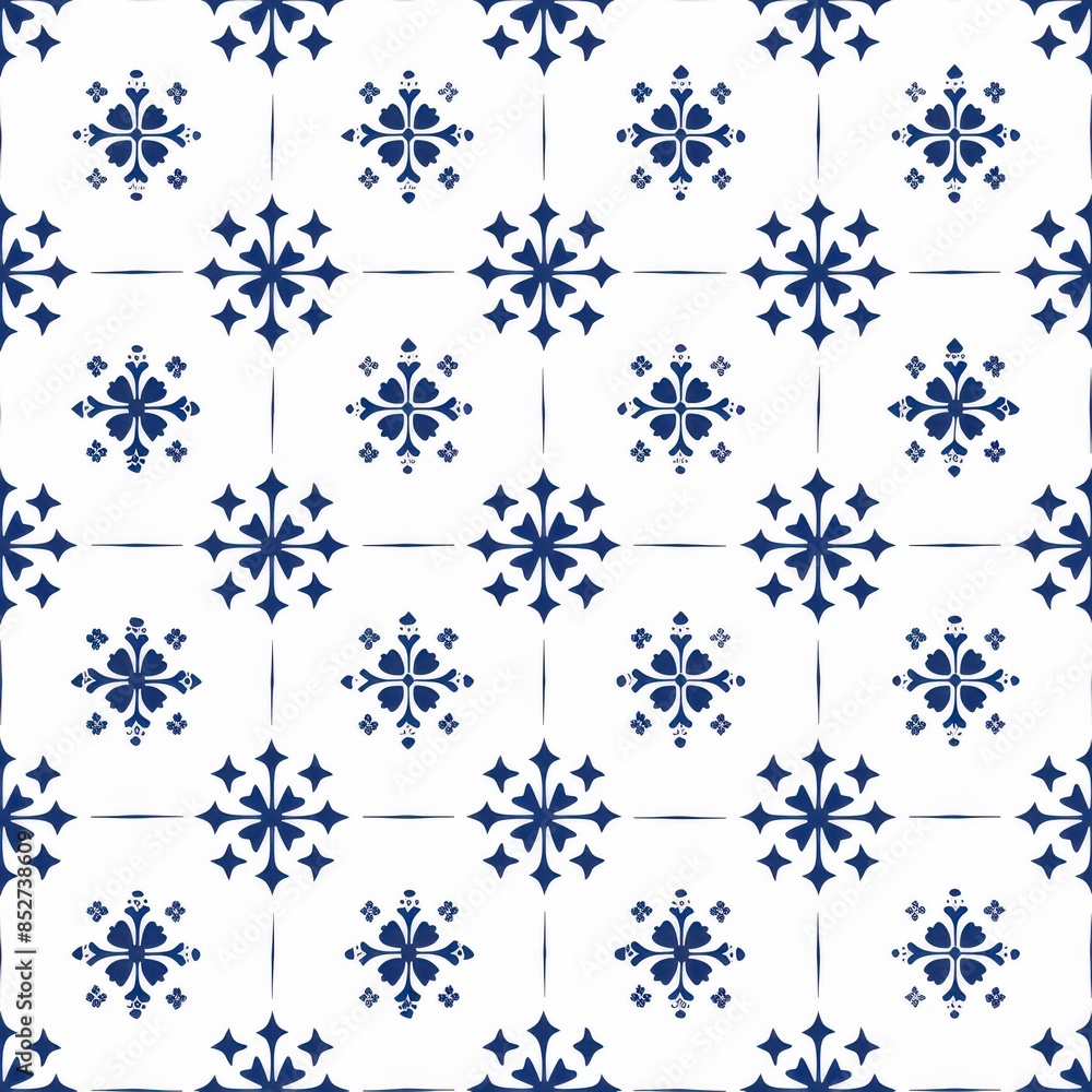 Aufkleber This image features a seamless pattern of repeating white and blue geometric tiles. The pattern is made up of a series of interlocking squares with a central motif of a four-leaf clover design, surrou